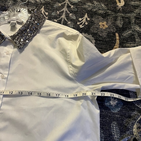 Calvin Klein White button down Blouse, sequin’s collar Boyfriend Tunic women L - Picture 12 of 14